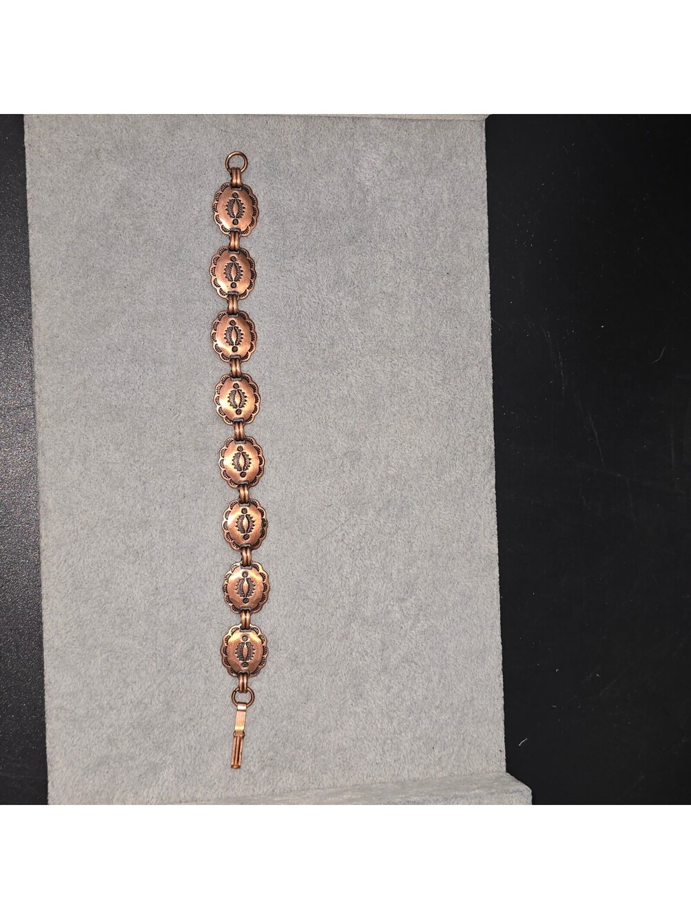 Vintage Southwestern Copper Concho Link Bracelet 7.5" Stamped Panel 1960s 1970s